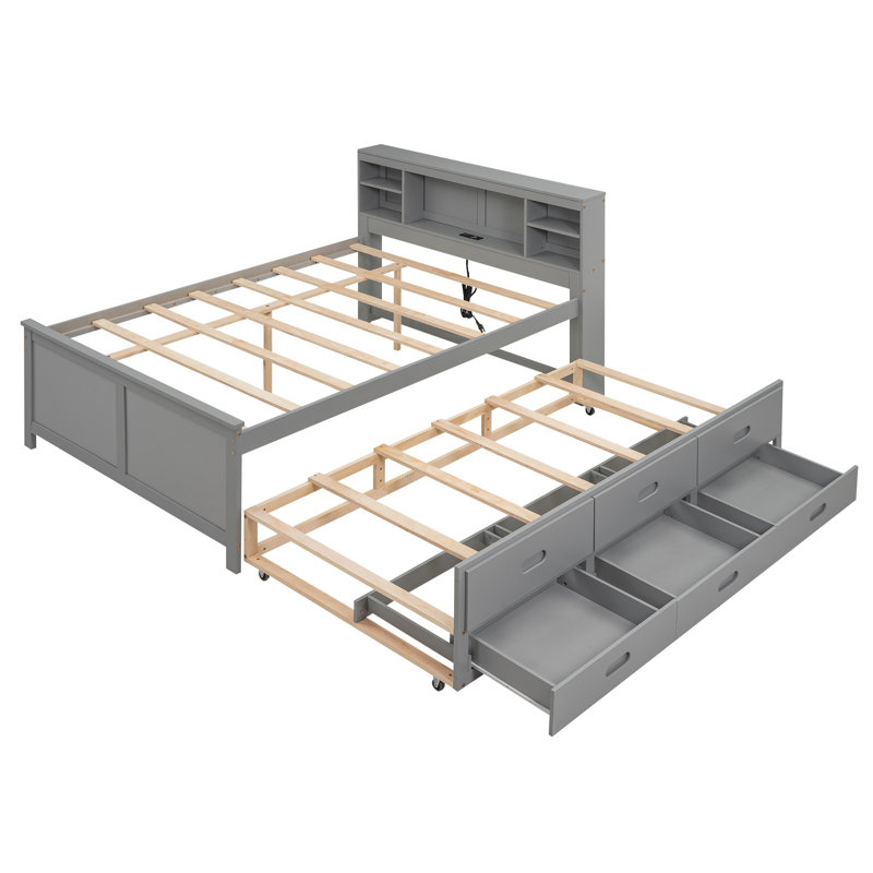 Lit plateforme double avec tête de lit, ports de chargement USB, lit gigogne et 3 tiroirs de rangement - gris, Lit double