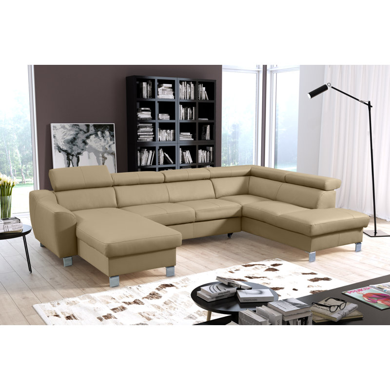Raedynn Faux Leather Large Corner Sofa with Sleeping Function and Storage Box with Adjustable Headrests , Beige