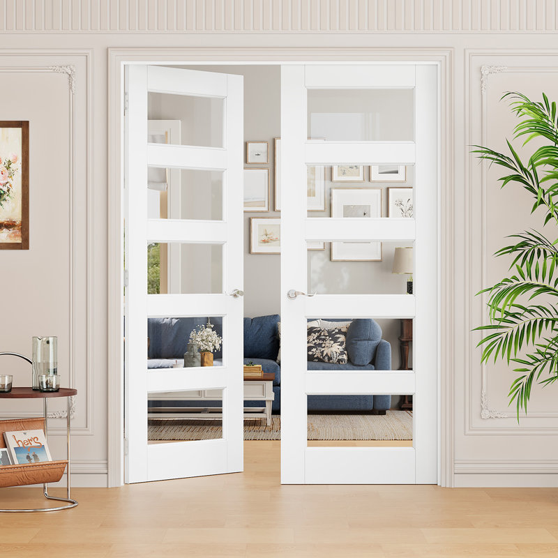 Interior 5-Lite Clear Glass Door, CARB P2 MDF & SGCC Tempered Glass French Doors, Satin Nickel Hardware-Privacy Door Lever with Lock, Latch & Hinges, Pre‑Finished & Waterproof, Pantry, Bedroom, Bathroom & Closet, Easy DIY Stain, 60"x 80"