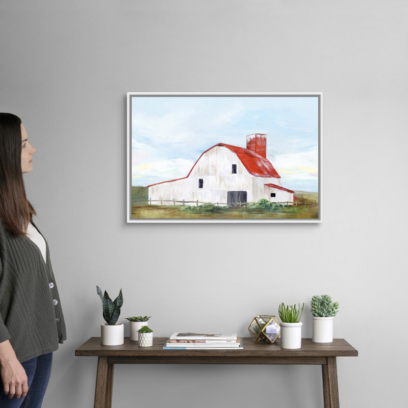 Reproduction d’art sur toile, "Red Barn II" par Isabelle Z, Cadre blanc, H 22 po x l 32 po x P 1,75po