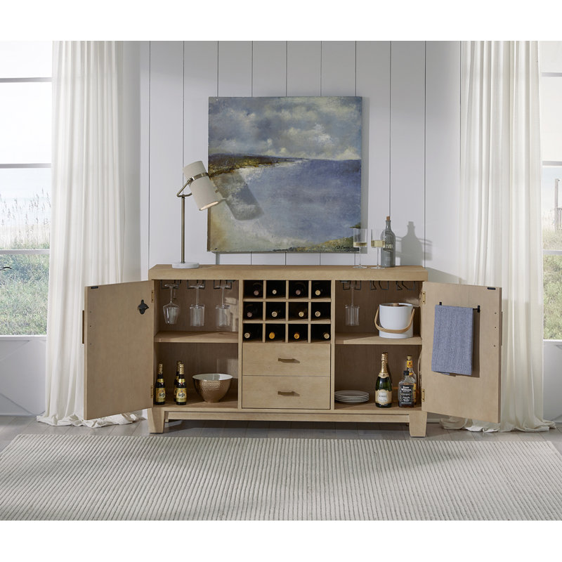 American Heritage Port Regal Bar Cabinet - White Oak Finish with Satin Brass Hardware, Stemware Holders, Bottle Opener & 12-Bottle Wine Storage