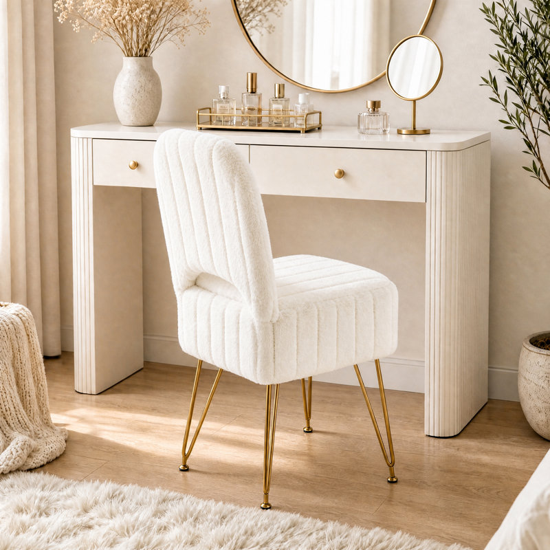 Tabouret de rangement ottoman avec dossier réglable, siège de maquillage carré recouvert de fausse fourrure pour chambre/coiffeuse, pieds en métal doré