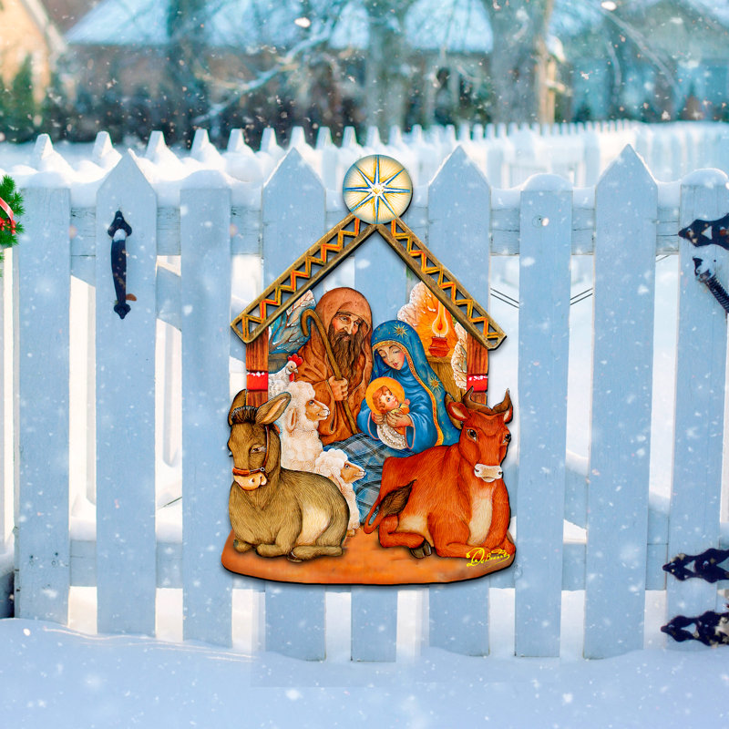 Décoration porte-fêtes en bois de noël old world crèche