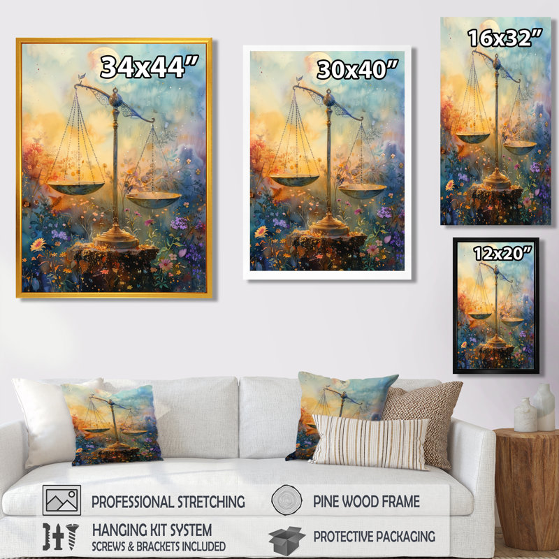 Astrologie équilibrée jaune et bleue, Balance I - Astronomie, art mural, H 12 po x l 20 po, Cadre flottant brun