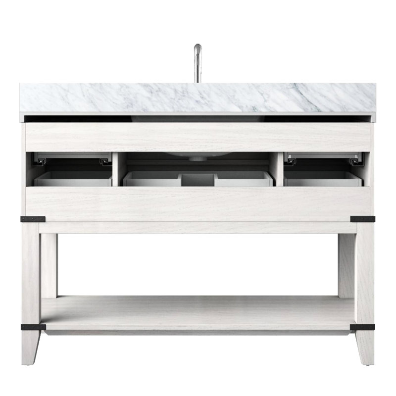 Meuble-lavabo simple en chêne blanc, 48 po Large, comptoir en marbre, scellé pour une utilisation durable, cinq tiroirs, robinet de salle de bain en chêne avec une durabilité supérieure, configuration de tiroir à fermeture en douceur et
