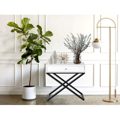 23" Wooden End Side Table Nightstand With Glass Top, Drawer And Metal Cross Base
