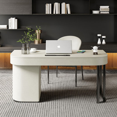Beige Saddle Leather Desk with Drawer Cabinet and Stainless Steel Slab Legs
