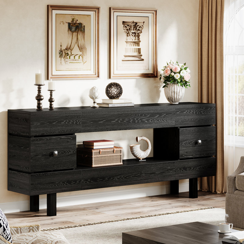 70.9" Console Table, Modern 2-Tier Entryway Table with Storage Drawers, Black