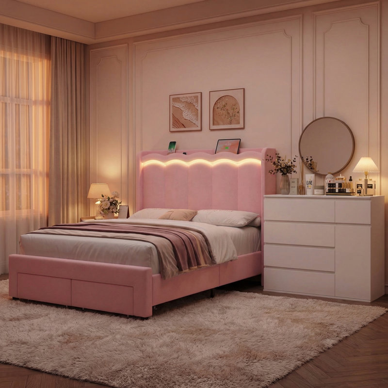 Ensembles de chambre à coucher 2 pièces, lit tapissier à DEL avec usb et 2 tiroirs, commode à 5 tiroirs de l 39,4 po, Rose