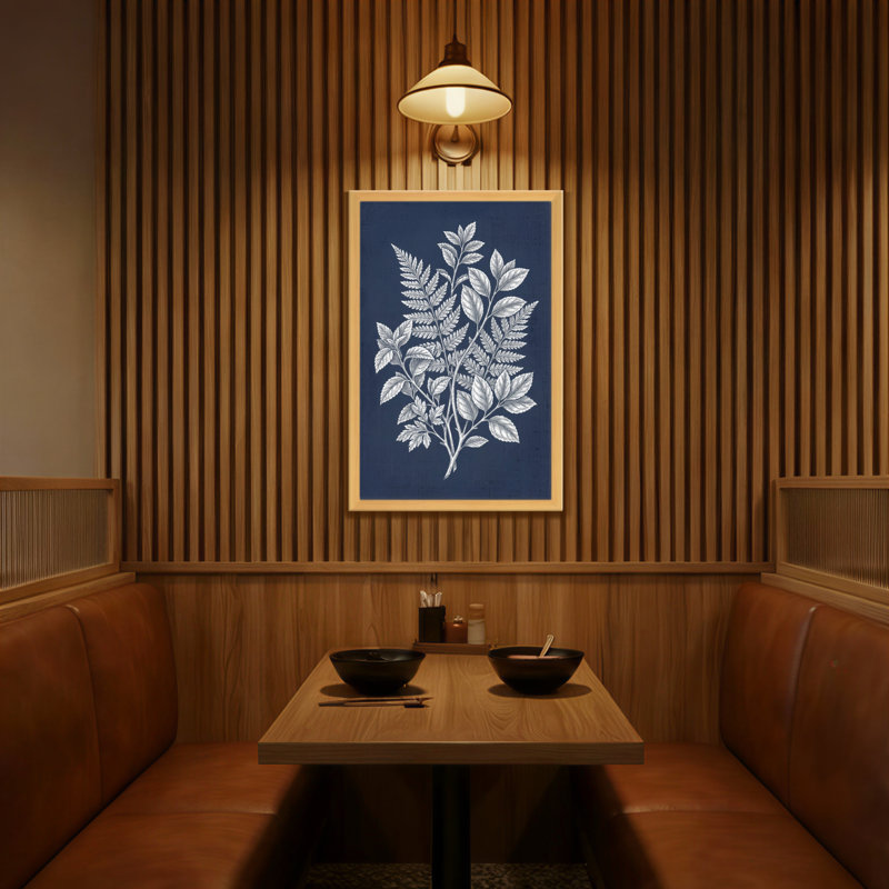 Plantes et fleurs, feuilles d'argent sur fond bleu marine, reproduction d'art, H 18 po x l 12 po