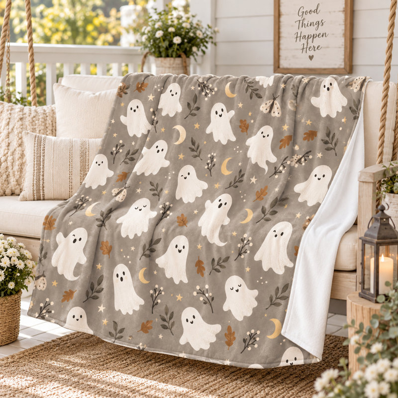 Plaid en flanelle à motif botanique neutre avec lunes, étoiles, papillons de nuit et feuilles d'automne, idéal pour le canapé, le lit et les coins de lecture douillets, 76 x 102 cm.