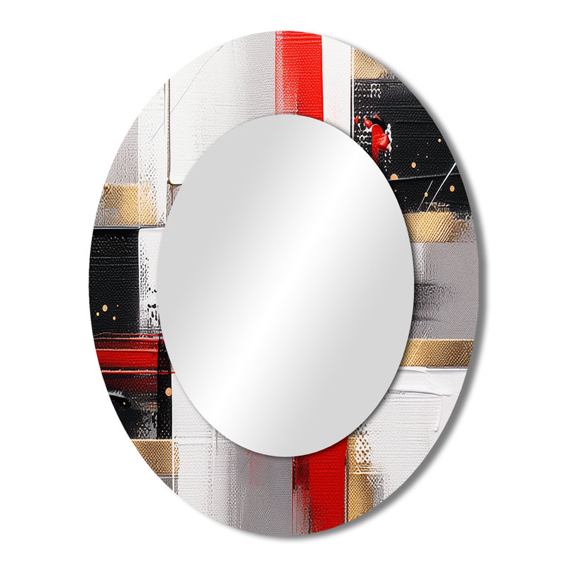 Miroir mural moderne ovale rouge et doré à motif abstrait I, 43 po x 33 po