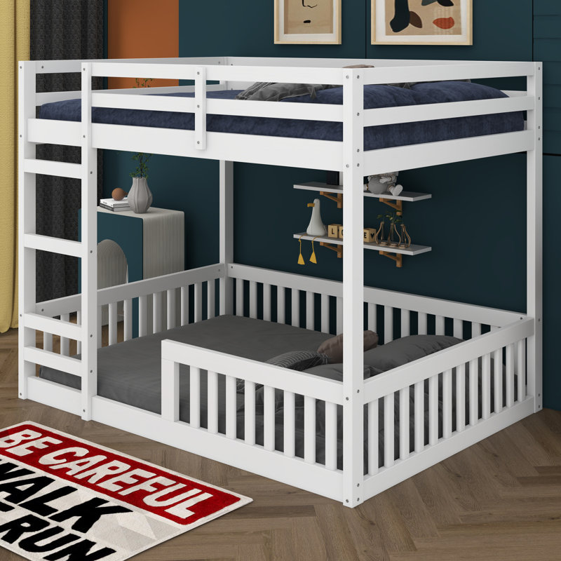 Full Over Full Wood Bunk Bed With Ladder And Guardrails, Solid Wood Bunk Bed Frame For Boys Girls, No Box Spring Needed