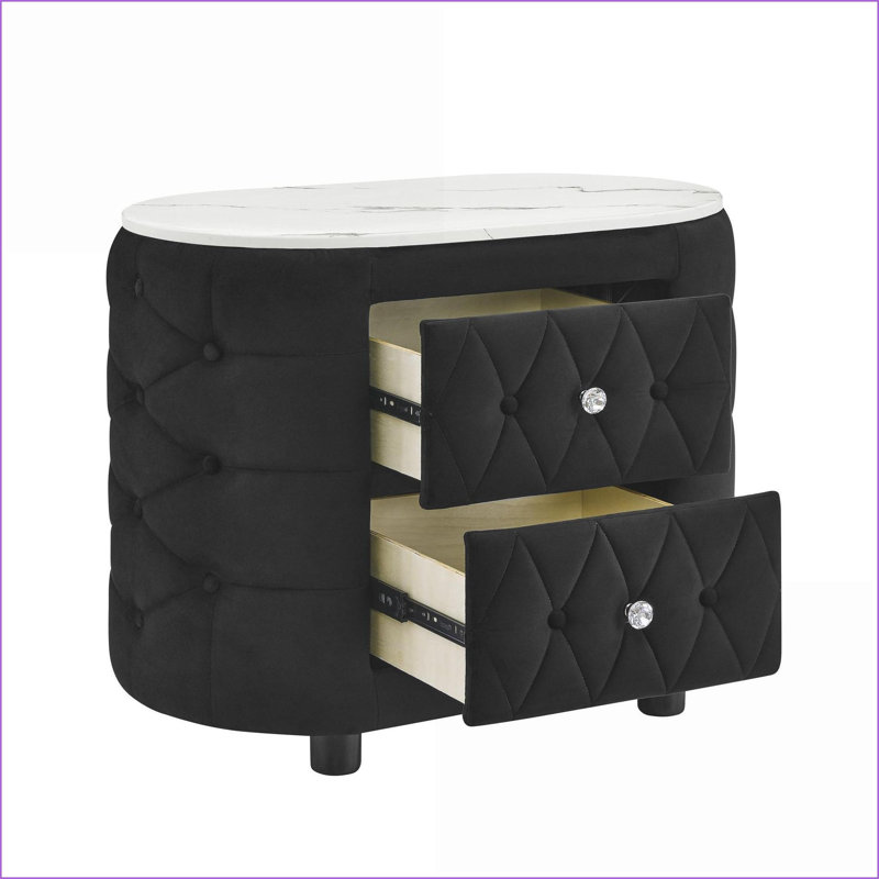 Table de chevet moderne avec plateau en faux marbre et 2 tiroirs - Revêtement en tissu, Noir