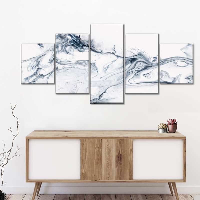 Grey And White Abstract 5 Pieces, 92" H x 42" W x 1.25" D