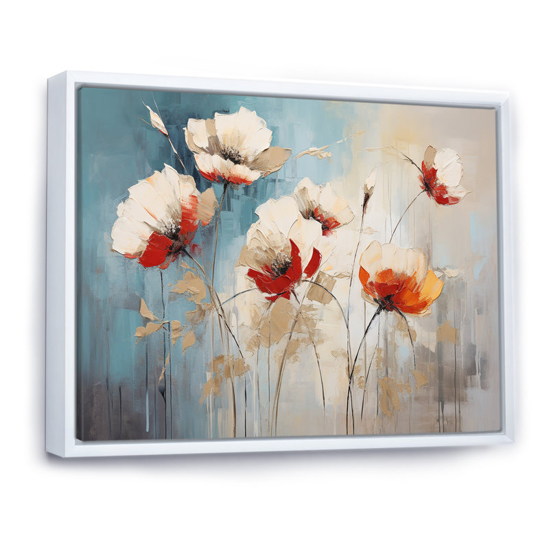«Beige Poppy Meadow Melody I» sur toile, Cadre flottant blanc, H 34 po x l 44 po x P 1,5 po