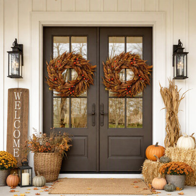 Couronne d'automne artificielle de 2 pièces (56 cm) avec oliviers et baies, style rustique, idéale pour la porte d'entrée, les murs et le foyer (décoration spéciale Thanksgiving).