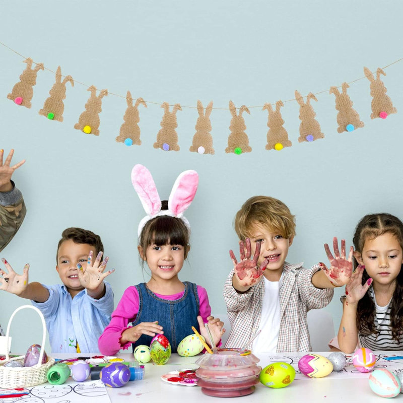 Bannière de Pâques avec ficelle Mignon lapin en toile de jute Bannière colorée pré-assemblée, guirlande de Bruant de Pâques, décoration suspendue pour la maison, articles de fête sur le thème du printemps