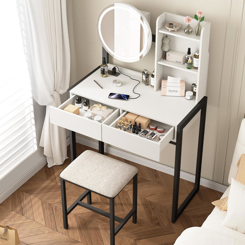 Meuble-lavabo de chambre à coucher, miroir à DEL réglable à 3 modes, prise de courant, tiroir, tablette ouverte, bureau de coiffeuse à siège confortable, prise de courant intelligente avec,