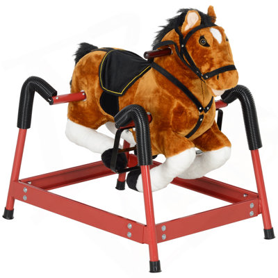 Qaba Spring Rocking Horse, Kids Ride On Horse, Plush Horse Ride-On With Sounds & Foot Stirrups, Saddle For Kids 3-8 Years, Brown