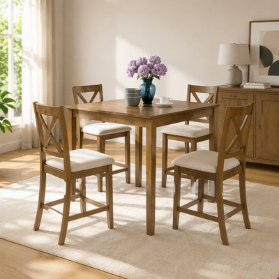 Ensemble de salle à manger 5 pièces à hauteur de comptoir en chêne avec table carrée et 4 chaises à dossier en X, structure en bois massif, surface imperméable, assemblage facile - parfait pour les petits espaces, la cuisine, les appartements ou les coins repas