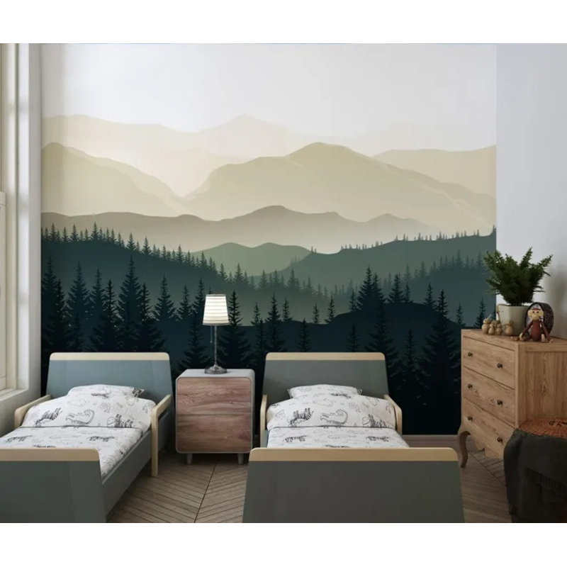 Murale de papier peint silhouette de forêt verte, L 96 po x l 108 po