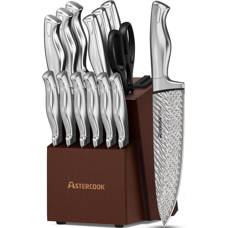 Ensemble de couteaux, ensemble de 15 couteaux de cuisine avec bloc, aiguiseur intégré, ensemble de couteaux en acier inoxydable allemand, va au lave-vaisselle