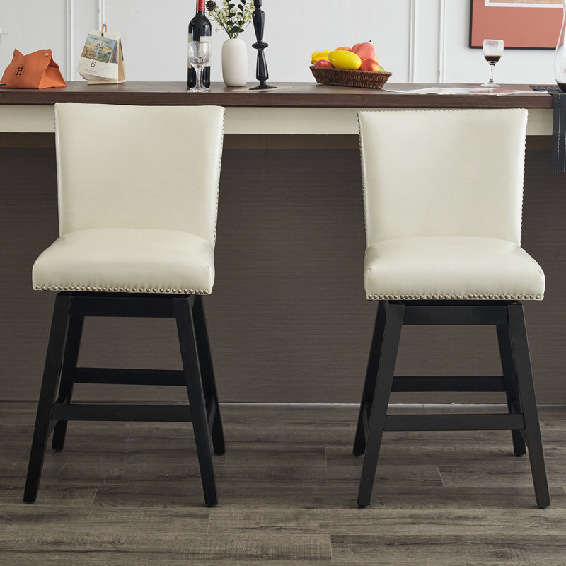Modern PU Leather Swivel Bar Stools with Nailhead Trim and Wood Frame, Set of 2
