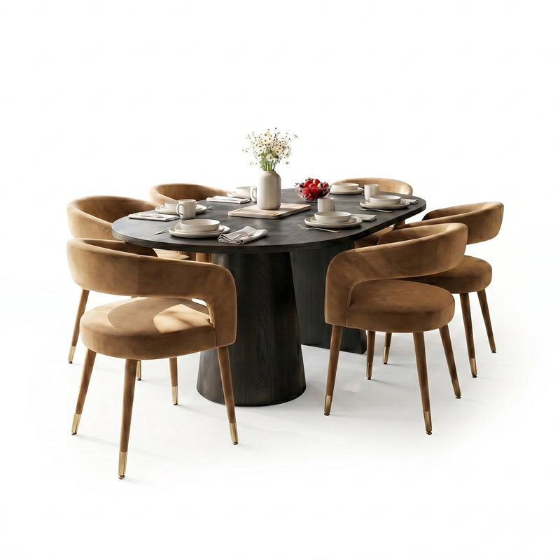 Modern 47"-83" Extendable Dining Table Set With Upholstered Velvet Dining Arm Chairs, 7 Pieces: Table, 6 Chairs, Camel