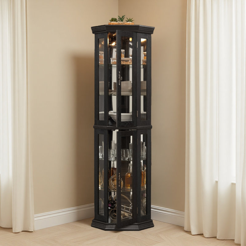 Présentoir de coin d'angle éclairé, étagère vitrée avec porte en verre trempé, armoire avec étagère réglable