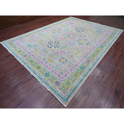 9'9"x13'2" Stone Gray, Colorful Fusion Kazak, Caucasian Medallions Design, Hand Knotted, Pure Wool, Oriental Rug