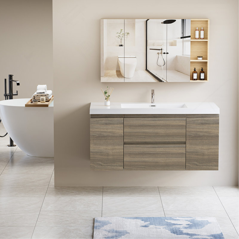 Meuble-lavabo flottant 48 po avec lavabo, meuble-lavabo mural moderne avec lavabo à surface solide et tiroirs à fermeture en douceur 48 po