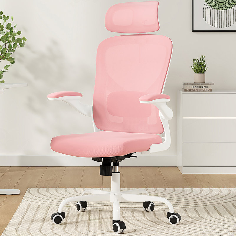 Ergonomic Office Chair With Adjustable Headrest And Lumbar Support, High Back Design For Comfortable Home Or Study Use, White & Pink