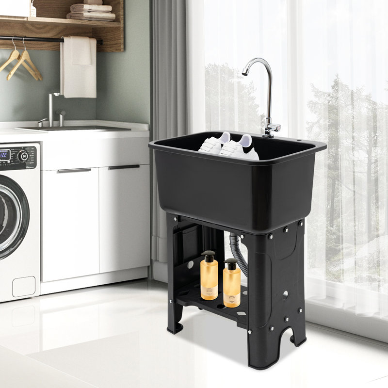 Évier utilitaire autoportant avec tablette de rangement, robinet rotatif à 360 ° et lavabo utilitaire en planche à laver PP pour restaurant, buanderie et garage