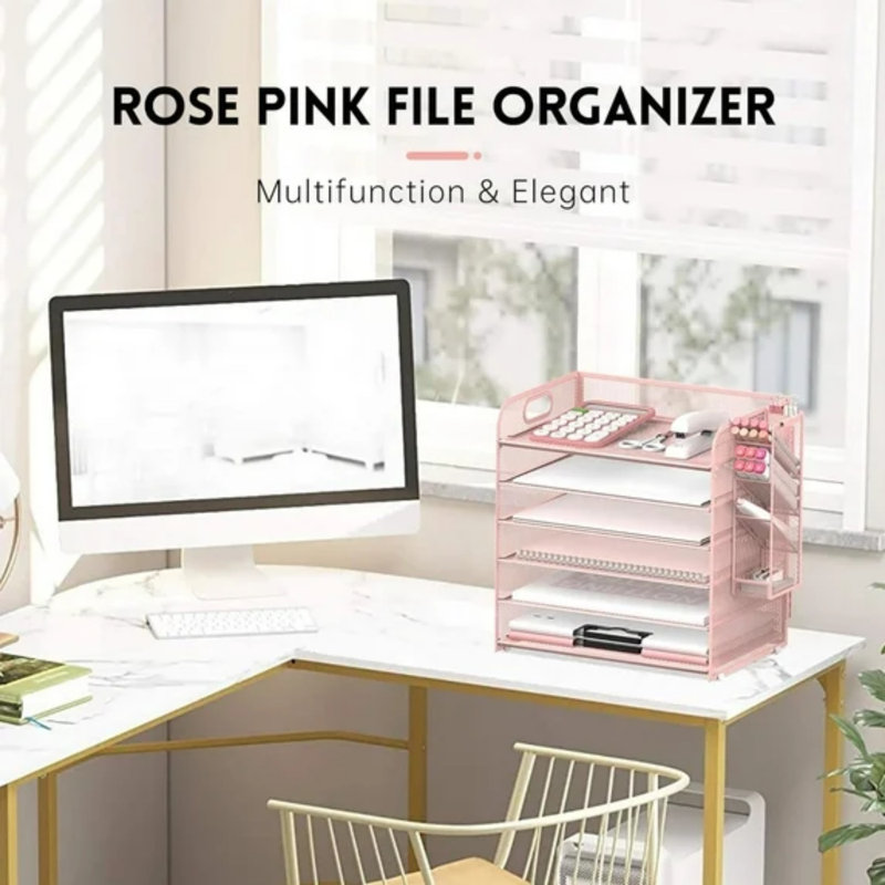 Organisateur de papier à 6 niveaux avec 4 porte-stylos, plateau à lettres en filet et poignée, Rose