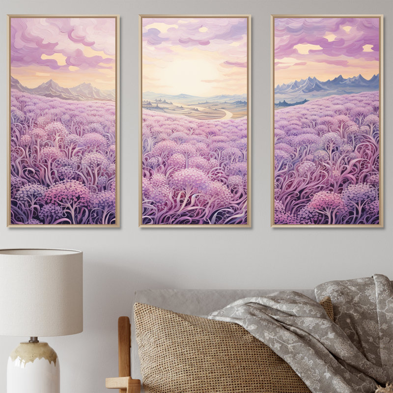 «Magical Lilac Flowers Field», ensemble de reproductions d'art mural, Cadre naturel flottant, H 40 po x l 60 po x P 1 po