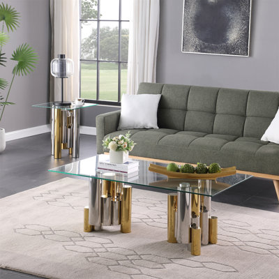 Table basse d'appoint rectangulaire en acier inoxydable pour le salon - table de centre élégante et moderne de 48 po avec verre trempé transparent (y compris la table basse, sans les chaises)