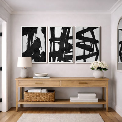BAW "Black And White Grey Bold Brushstroke Artwork, Abstract Organic Modern Contemporary Wall Pictures, Framed Canvas Giclée Print 3 Pieces Wall Art