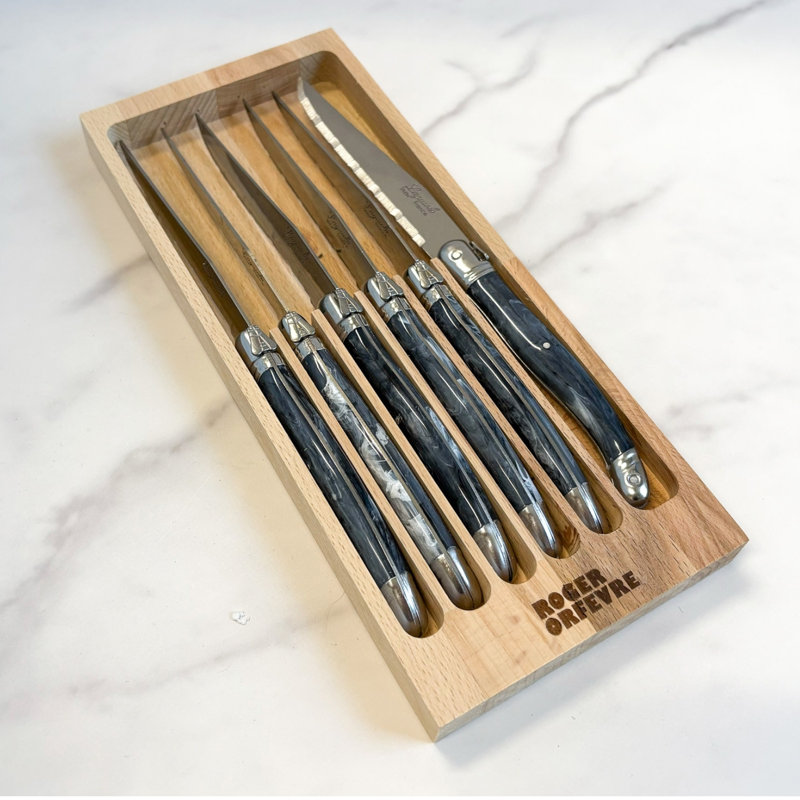 The Original French Laguiole Steak Knives, Wood Drawer Box, Black