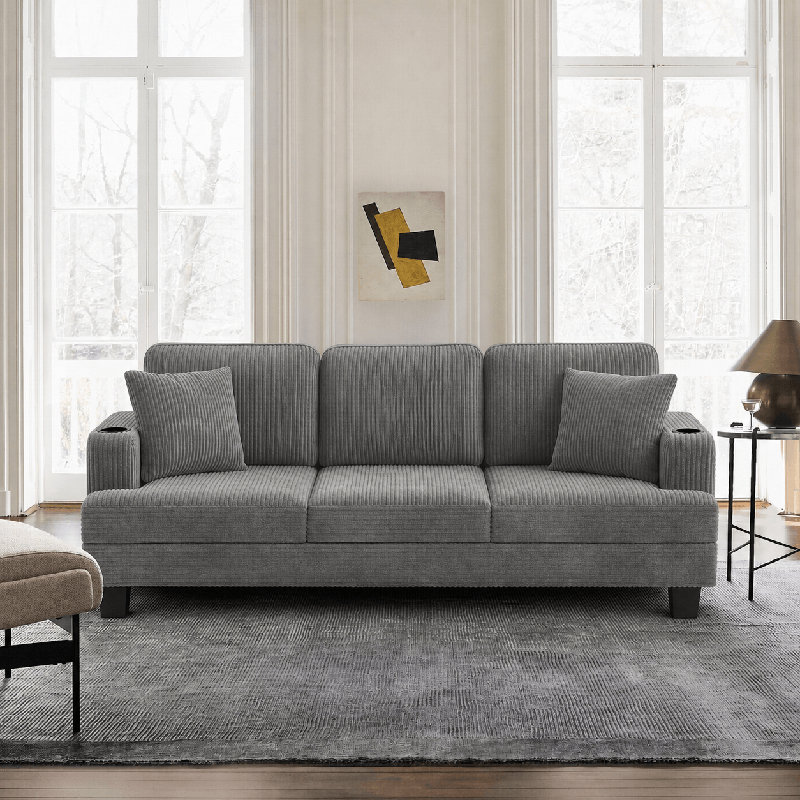 84" Corduroy Sofa Couch With 3 Seats, Upholstered Sofa With Square Armrests For Living Room Apartment, Gray