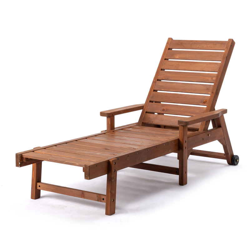 Brown Patio Wood Lounge Chaise With Receptacle