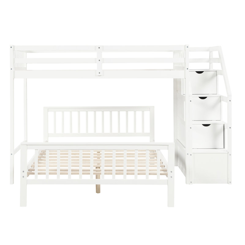 Lit mezzanine simple au dessus d'un lit double blanc, escalier et lit de rangement bénéfique, White