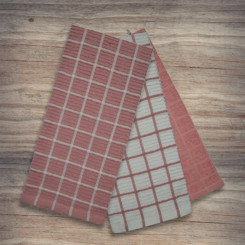 Super Absorbent 3 Pack Cotton Tea Towels Ripple Check, Red