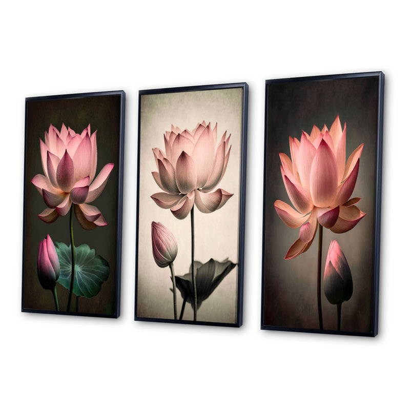 «Blossoming Pink Vintage Lotus», 3 pièces sur toile, Noir, H 40 po x l 60 po