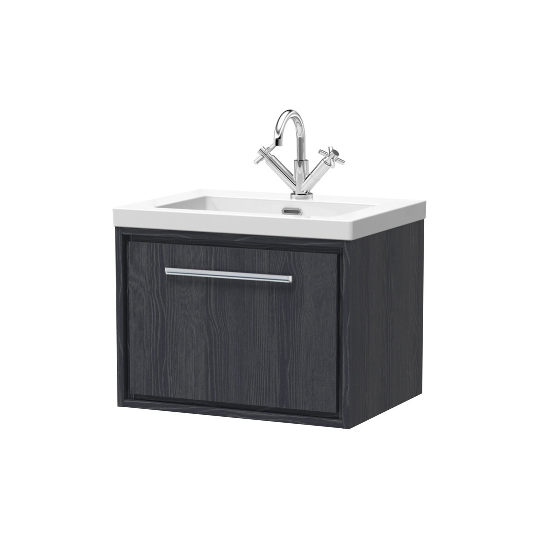 Hudson Reed Lille 600mm Wall Hung Vanity Unit - Single Drawer - Graphite Grey Woodgrain - Fireclay Basin - Image 2