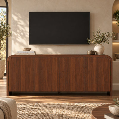 65" Curved Edge TV Stand for TVs up to 70", Mid-Century Modern Media Console Table with Under-Cabinet Storage, Minimalist Wood Grain Entertainment Center with Cable Management