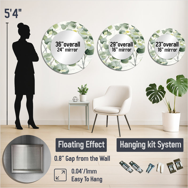 Miroir mural rond blanc et vert Eucalyptus Essence IV, 23" x 23"