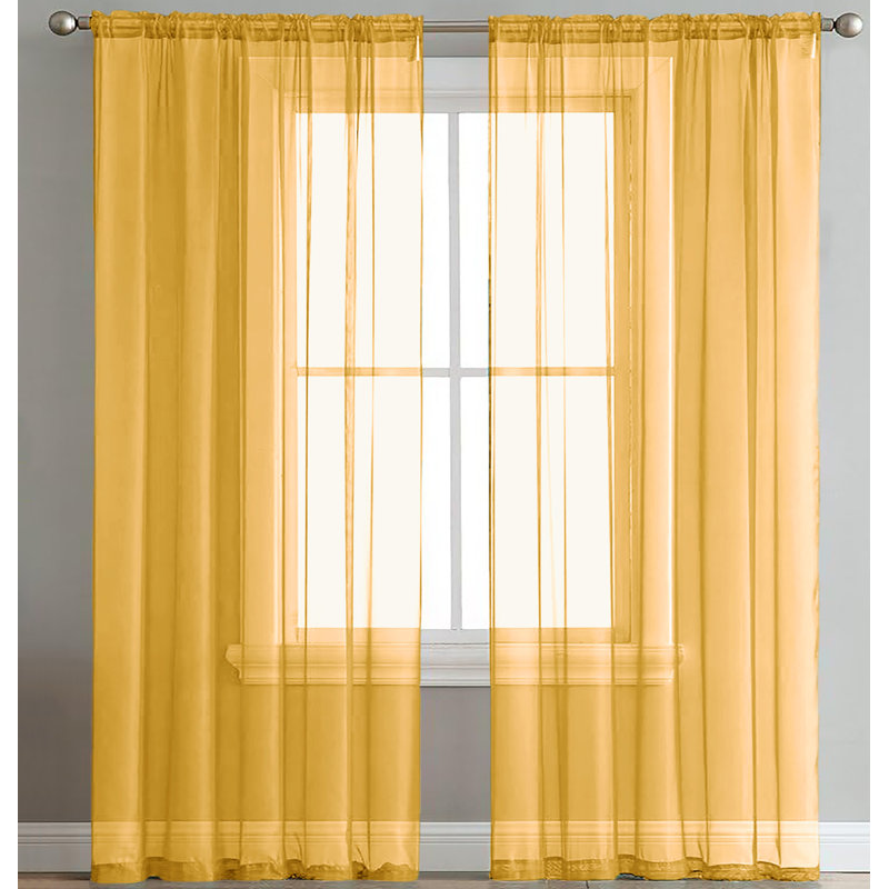 Sheer Window Rod Pocket Curtain Set 84" Inches Long (2 Panels), Yellow