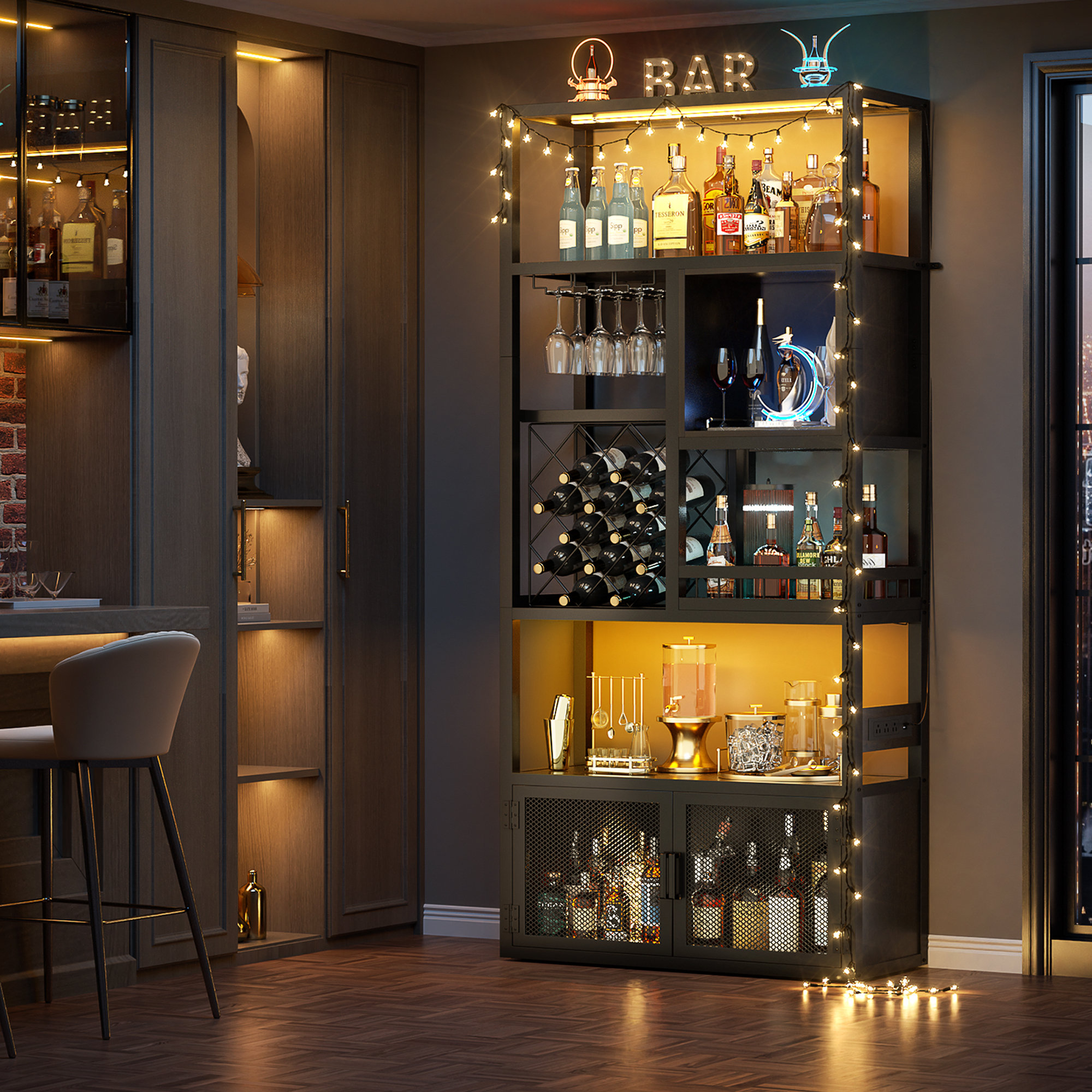 Bar Cabinet With Power Outlets, 6-Tiers Storage Cabinet Coffee Bar