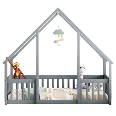 Grey Wood Floor Bed With Twin House-Shaped Guardrails And Fence Frame - A Comfortable Sound Sleep